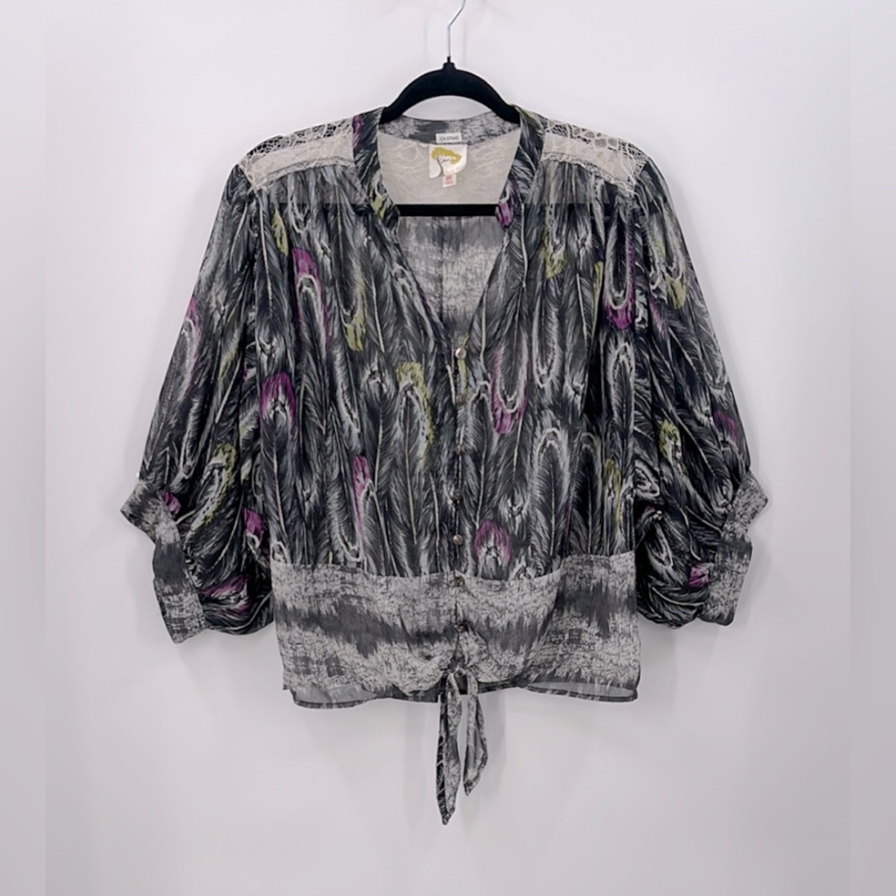 FIG & FLOWER Semi-Sheer Feather Print Blouse